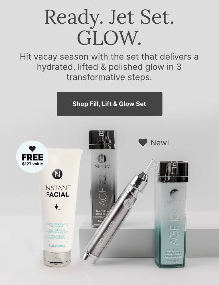 Buy the NEW! Lift, Fill & Glow Set in May, June and July and score a FREE Instant Facial Microdermabrasion Treatment. Featured is the new skincare set.